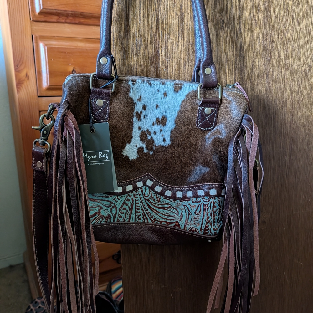 Myra Bag Brown & Turquoise Fringe Leather Shoulder Bag